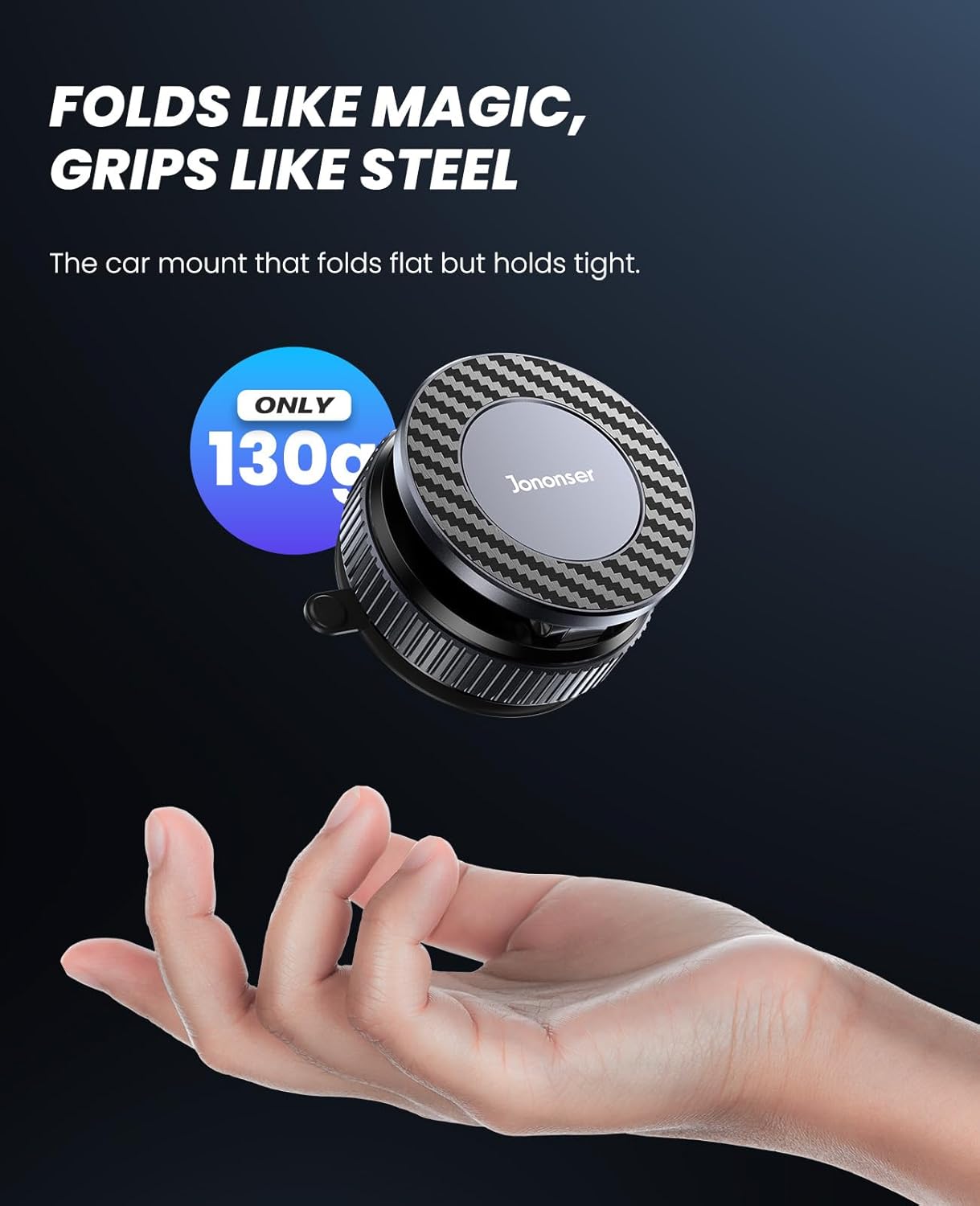 Jononser 360° foldable magnetic suction phone mount, lightweight 130g, durable car holder with strong grip and compact carbon fiber design