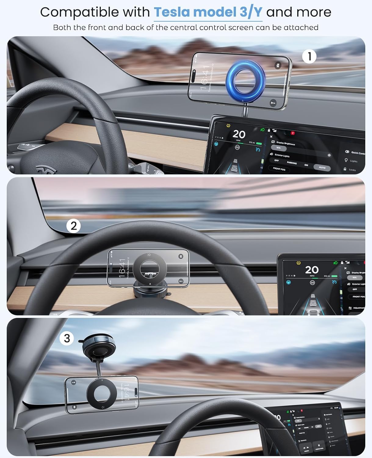 Jononser magnetic phone holder compatible with Tesla Model 3 and Model Y, mountable on dashboard, screen front or back, and windshield