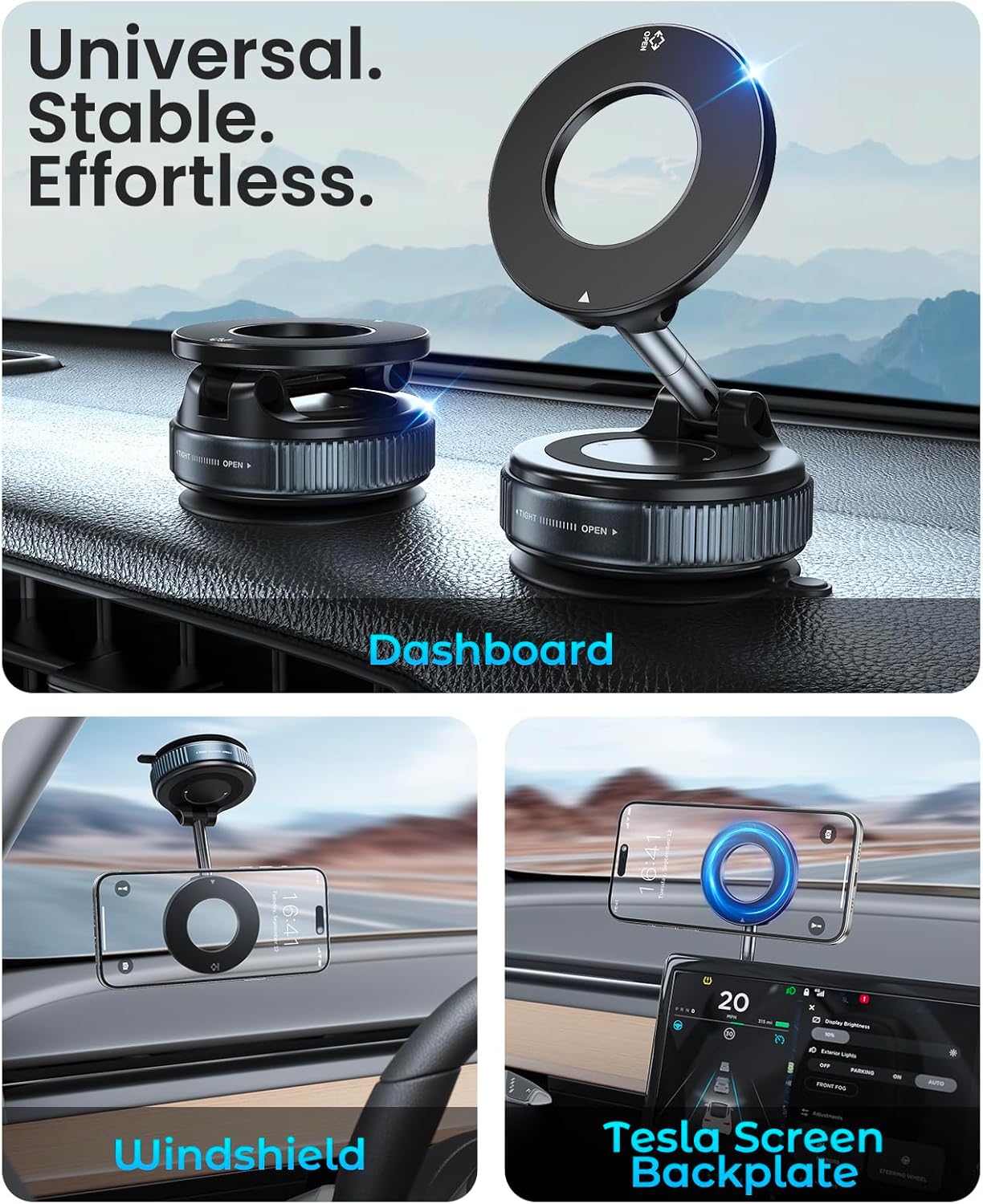 Jononser universal magnetic phone holder with strong suction, stable mounting on dashboard, windshield, and Tesla screen backplate