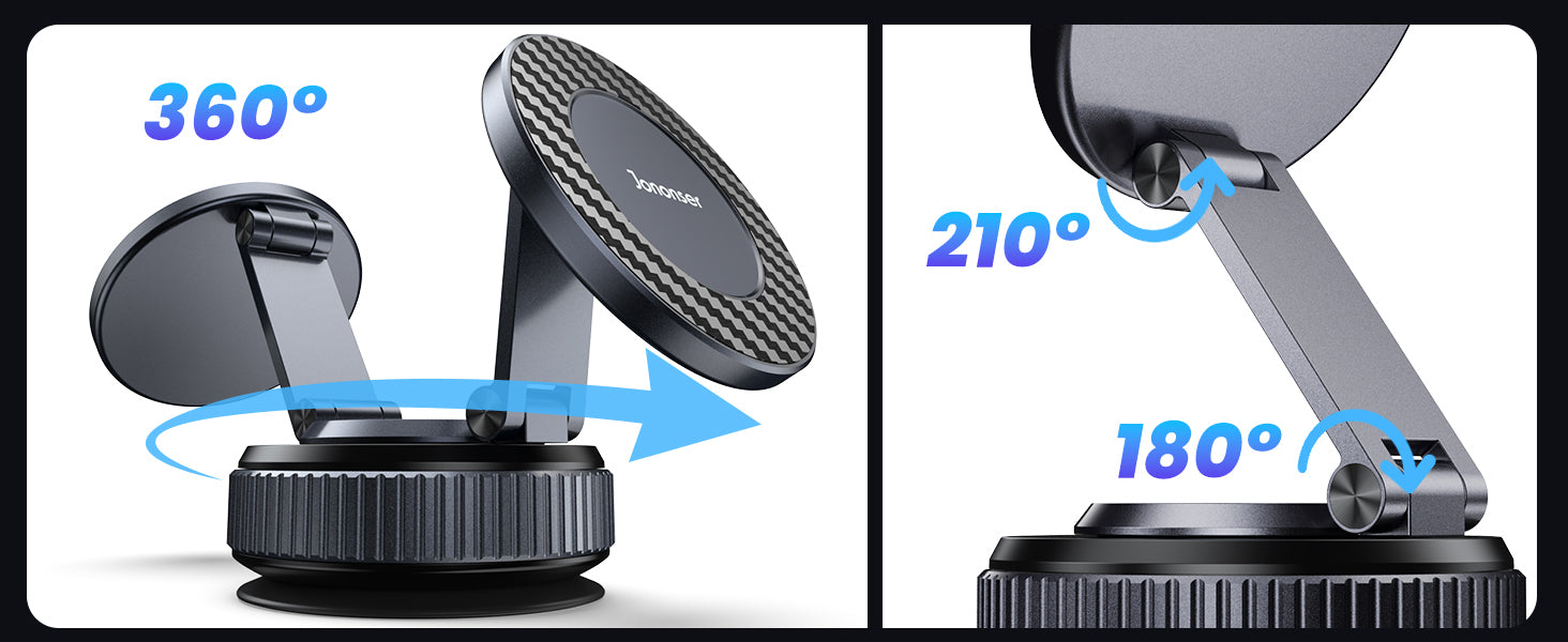 Jononser magnetic foldable suction phone mount with 360° rotation, 210° tilt, and 180° adjustment for full angle flexibility