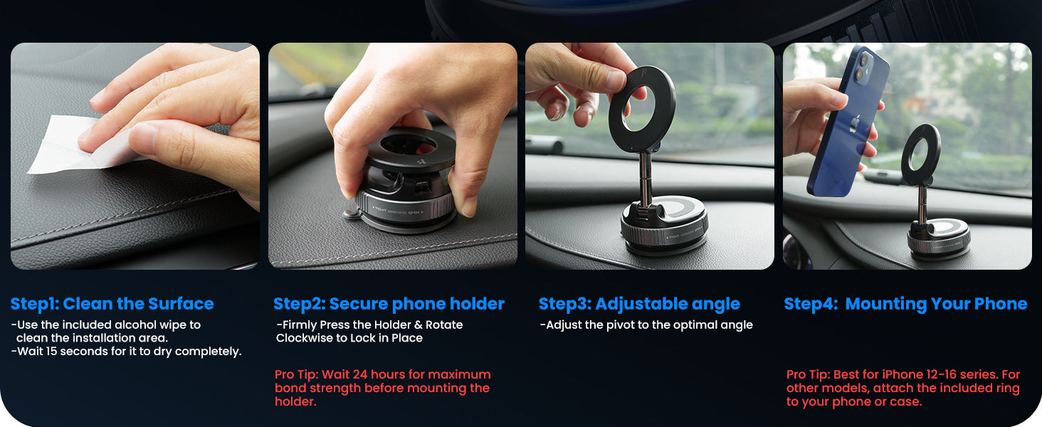 Jononser magnetic car phone holder installation guide showing steps: clean surface, secure holder, adjust angle, and mount phone