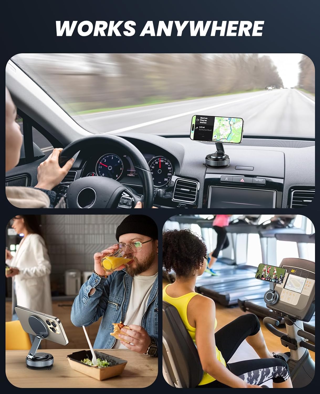 Jononser magnetic foldable suction phone mount used in car for GPS navigation, at home while eating, and at the gym on exercise equipment