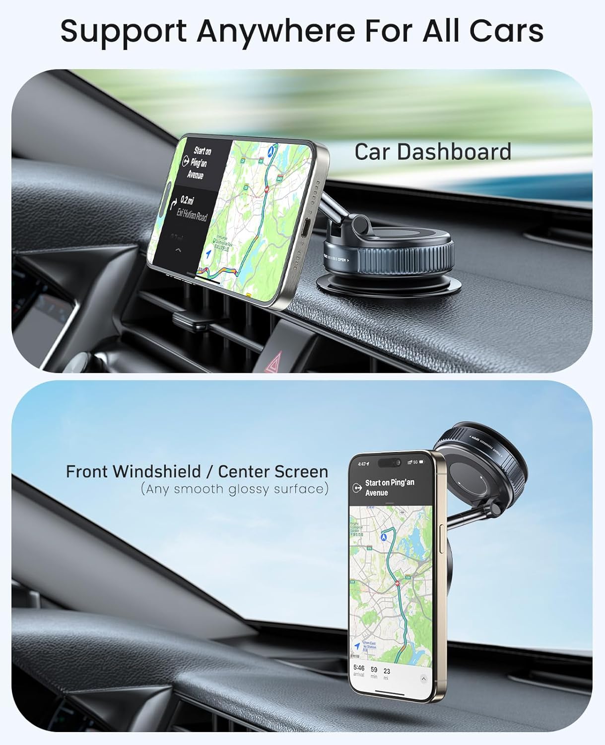 Jononser magnetic car phone holder mounted on dashboard, windshield, and center screen, compatible with all cars and smooth surfaces