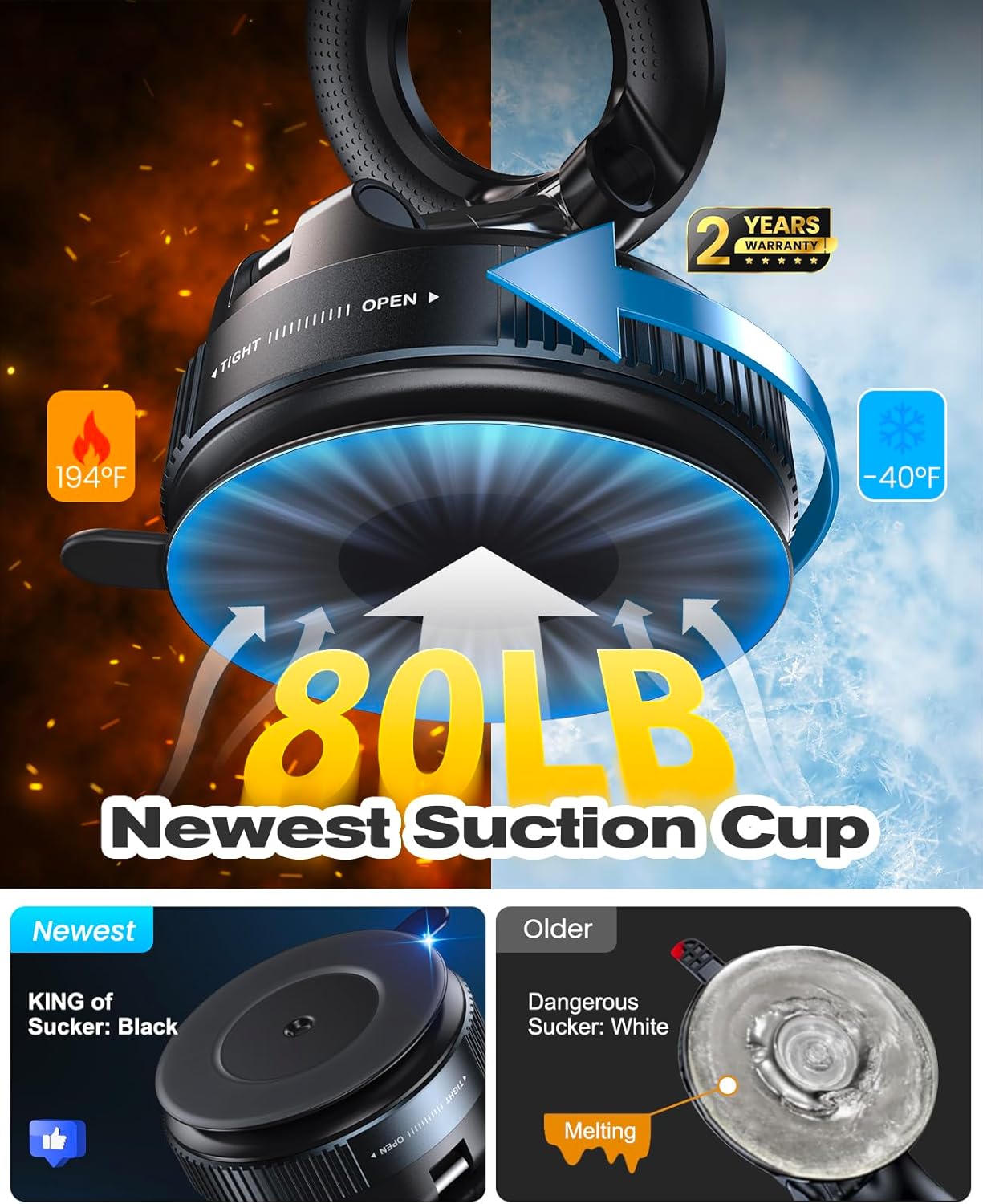 Jononser magnetic car phone holder with newest 80 lbs suction cup, heat and cold resistant from 194°F to -40°F, durable design with 2-year warranty
