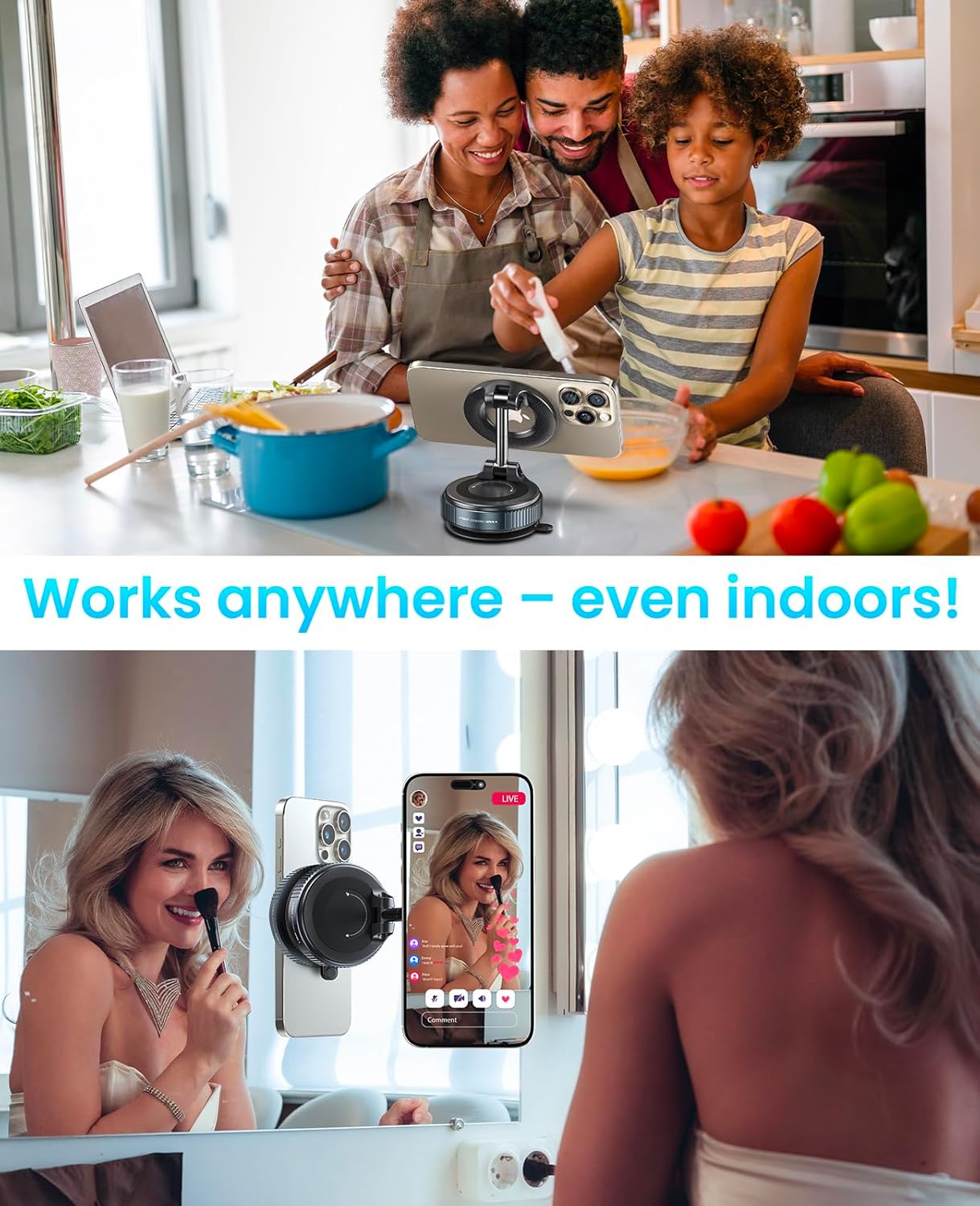 Jononser magnetic phone holder used indoors in kitchen and on mirror, versatile mount for cooking, makeup, and live streaming.