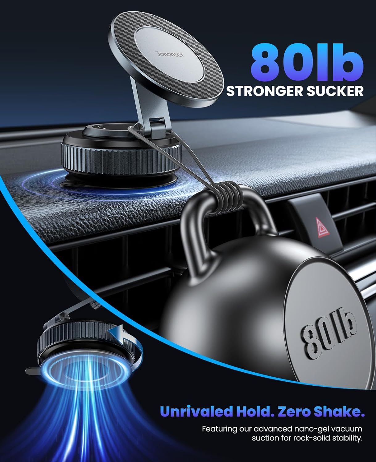 Jononser magnetic foldable suction phone mount with 80lb nano-gel vacuum suction power, heavy-duty stability for dashboard and car use.
