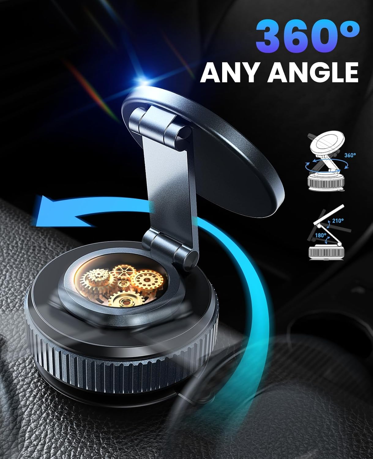 Jononser 360° adjustable magnetic foldable phone mount with full rotation and angle adjustment for car dashboard or windshield use