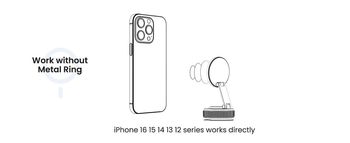 Jononser magnetic phone mount directly compatible with iPhone 12, 13, 14, 15, and 16 series without requiring a metal ring