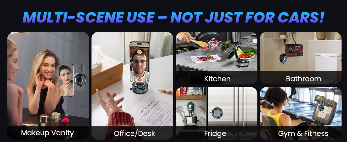 Jononser magnetic foldable suction phone mount used in multiple scenes including makeup vanity, office desk, kitchen, bathroom, fridge, and gym equipment